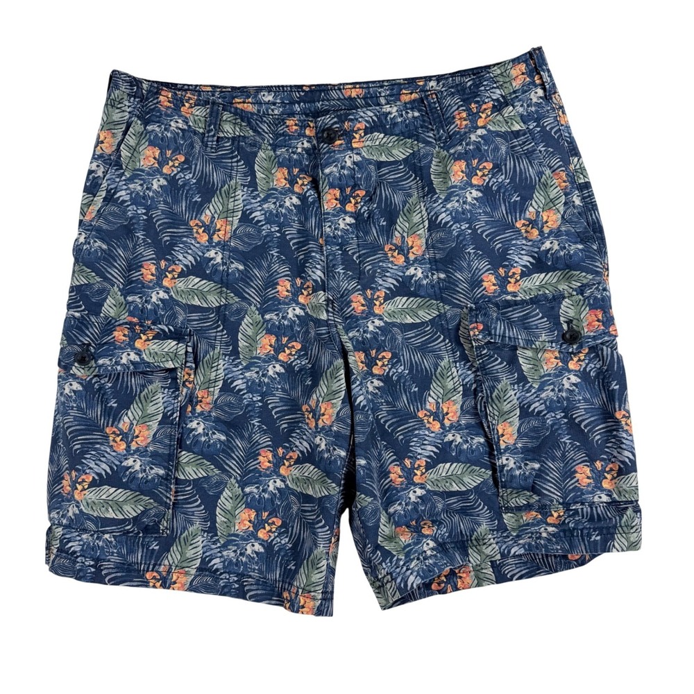IZOD Cargo‎ Shorts Mens 38 Blue Tropical Floral Palm Saltwater Cotton Relaxed
